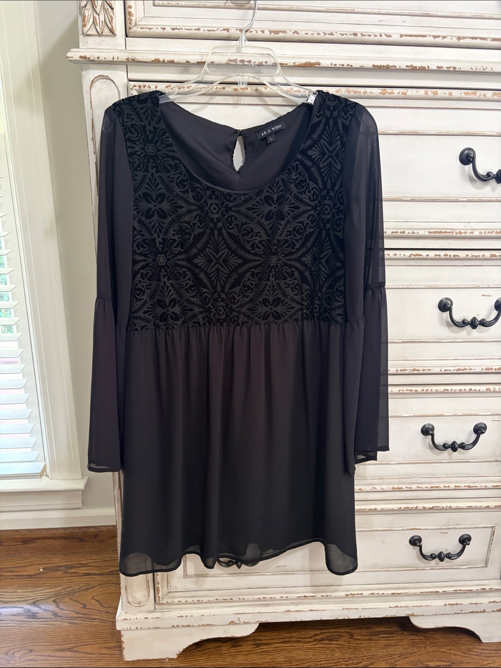 As u wish Velvet-Embellished Long Sleeve Chiffon Dress